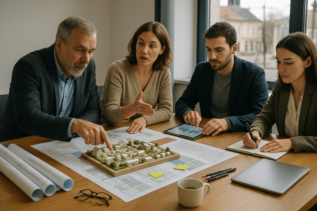 Önkormányzati tanácsadás: szakértők városfejlesztési makett mellett tárgyalnak