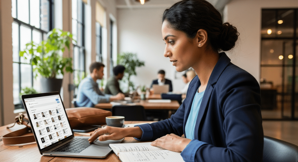 Fókuszált nő laptopnál álláskereső portál böngészés közben