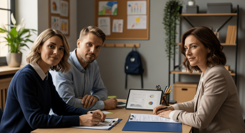 Szülők és tanácsadó megbeszélése az iskolai tanulmányok megkezdése előtt