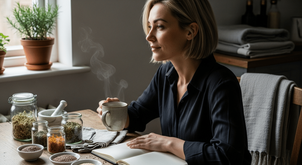 Nő ül asztalnál gyógynövényes tea, hangulatingadozás enyhítése