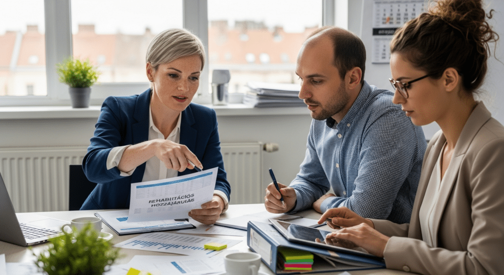 Három szakember irodai HR auditon rehabilitációs hozzájárulás dossziéval