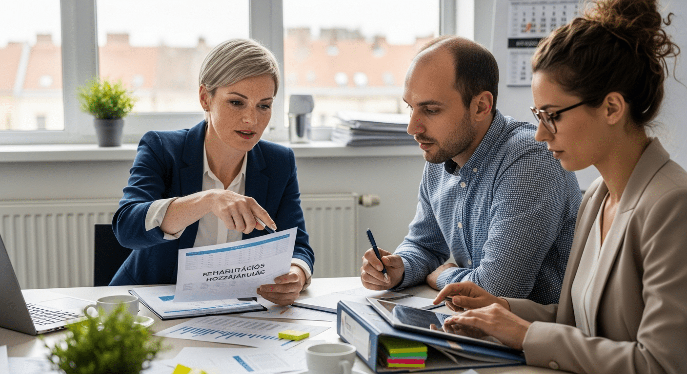 Három szakember irodai HR auditon rehabilitációs hozzájárulás dossziéval