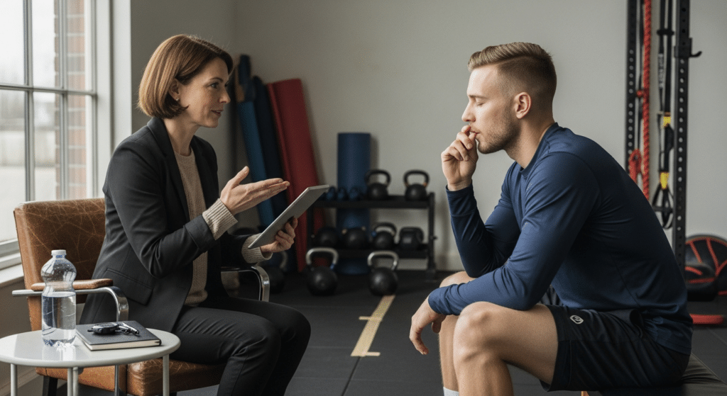 Versenyszerű sportolás pszichológia konzultáció: pszichológus légzéstechnika bemutatása sportolónak